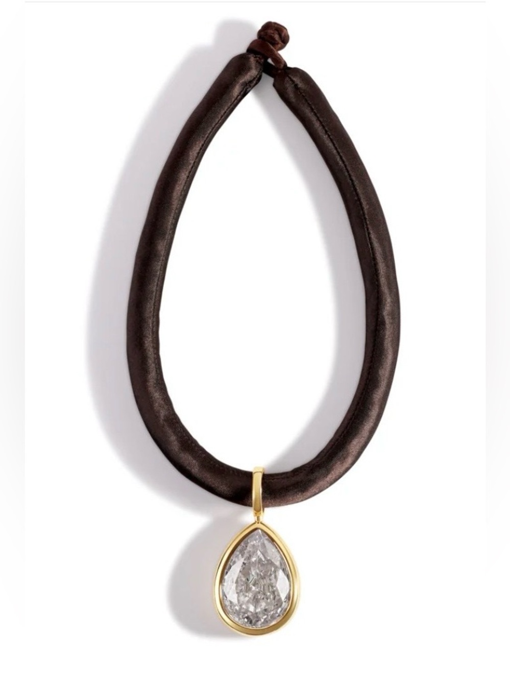 Mayamar Gold Crystal Teardrop Pendant Necklace on Brown Satin Cord